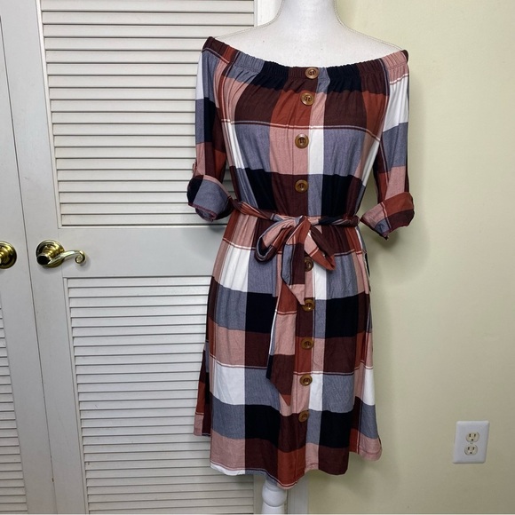 J for Justify Dress Off-Shoulder Plaid Mini Dress Women Belted Size Large - Picture 2 of 11